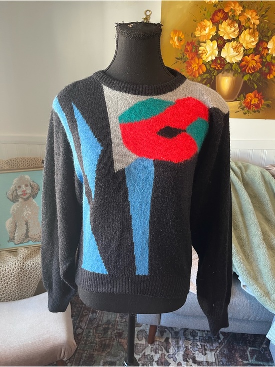 Eaton Sweaters - Women’s Vintage Black Abstract Colorblock Crewneck Sweater Size M